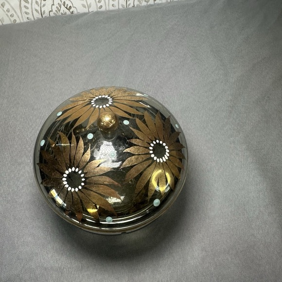 Vintage Bohemian Czech Iridescent Glass Covered Candy Dish Gold Flowers - Picture 7 of 7